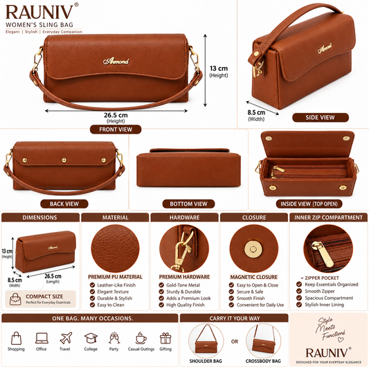 RAUNIV Women's TAN PU Sling Bag | Stylish Crossbody Handbag