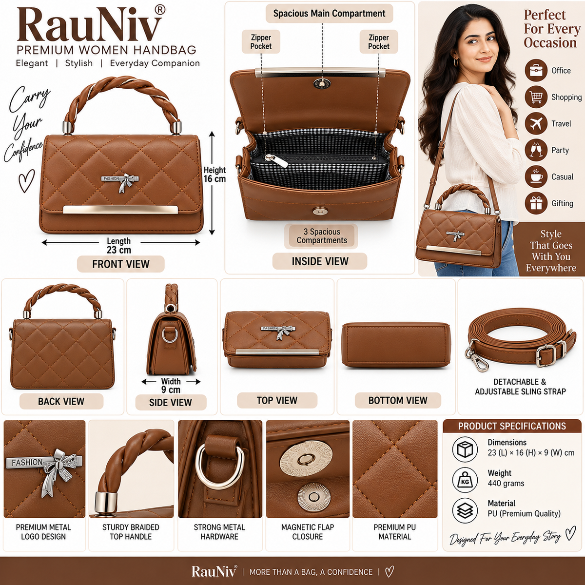 RAUNIV Women's PU Leather Sling Bag | Quilted Handbag with Braided Top Handle