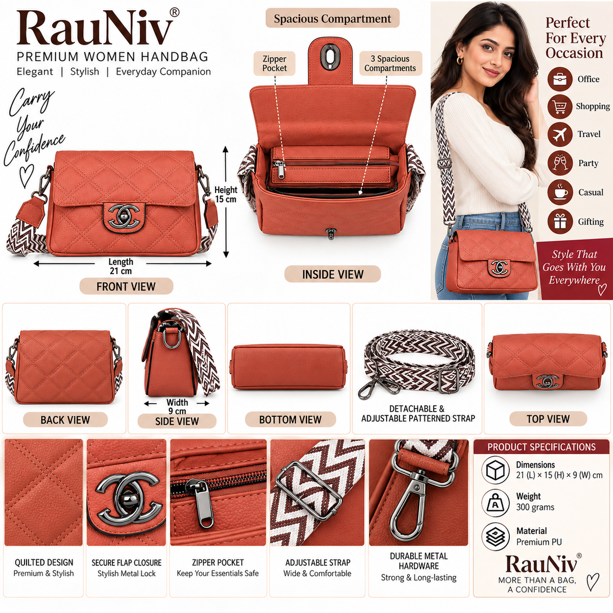 RAUNIV Women Stylish PU Leather Sling Bag with Quilted Design, Adjustable Wide Strap