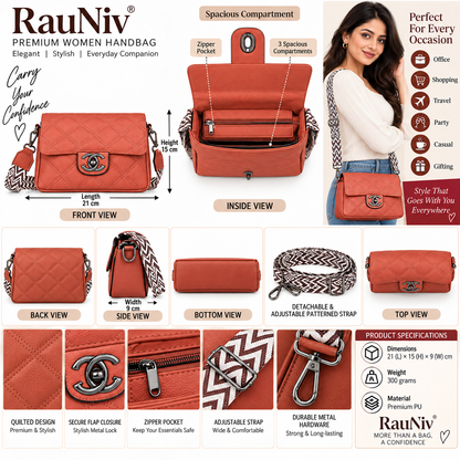 RAUNIV Women Stylish PU Leather Sling Bag with Quilted Design, Adjustable Wide Strap