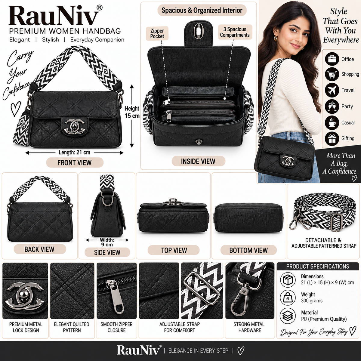 RAUNIV Women’s Quilted PU Leather Sling Bag | Stylish Black Crossbody Shoulder Bag