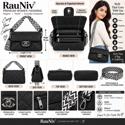 RAUNIV Women’s Quilted PU Leather Sling Bag | Stylish Black Crossbody Shoulder Bag