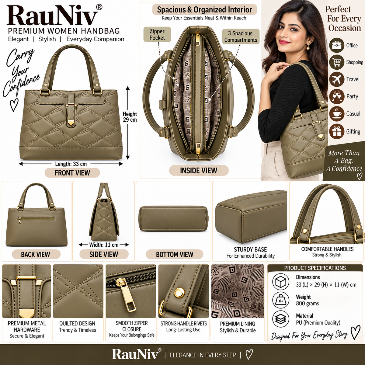 RAUNIV Women's Stylish Quilted PU Handbag | Spacious Top Handle Bag