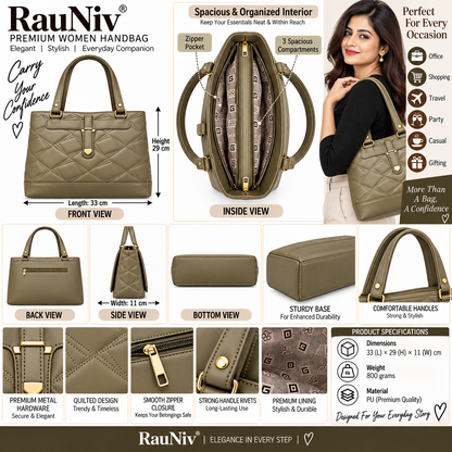 RAUNIV Women's Stylish Quilted PU Handbag | Spacious Top Handle Bag