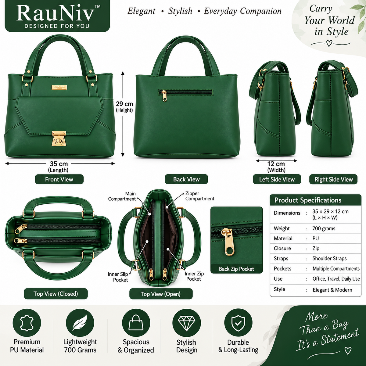 RAUNIV Women's Stylish GREEN PU Handbag | Spacious Shoulder Bag