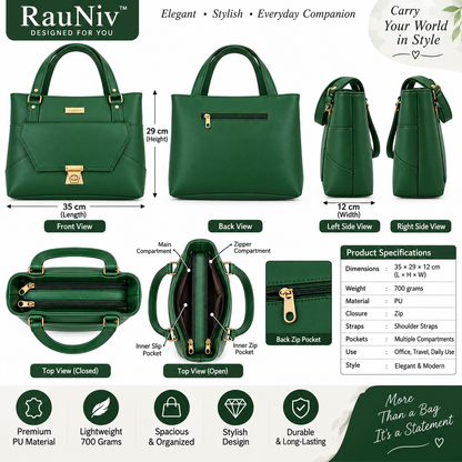 RAUNIV Women's Stylish GREEN PU Handbag | Spacious Shoulder Bag