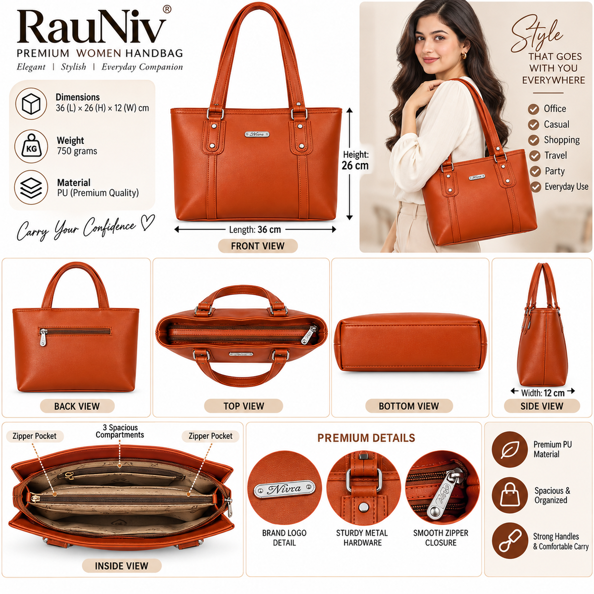 RAUNIV Women's Premium PU Leather Handbag | Stylish Tote Bag | TAN