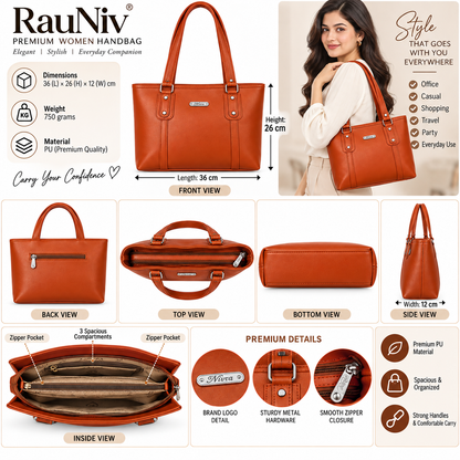 RAUNIV Women's Premium PU Leather Handbag | Stylish Tote Bag | TAN