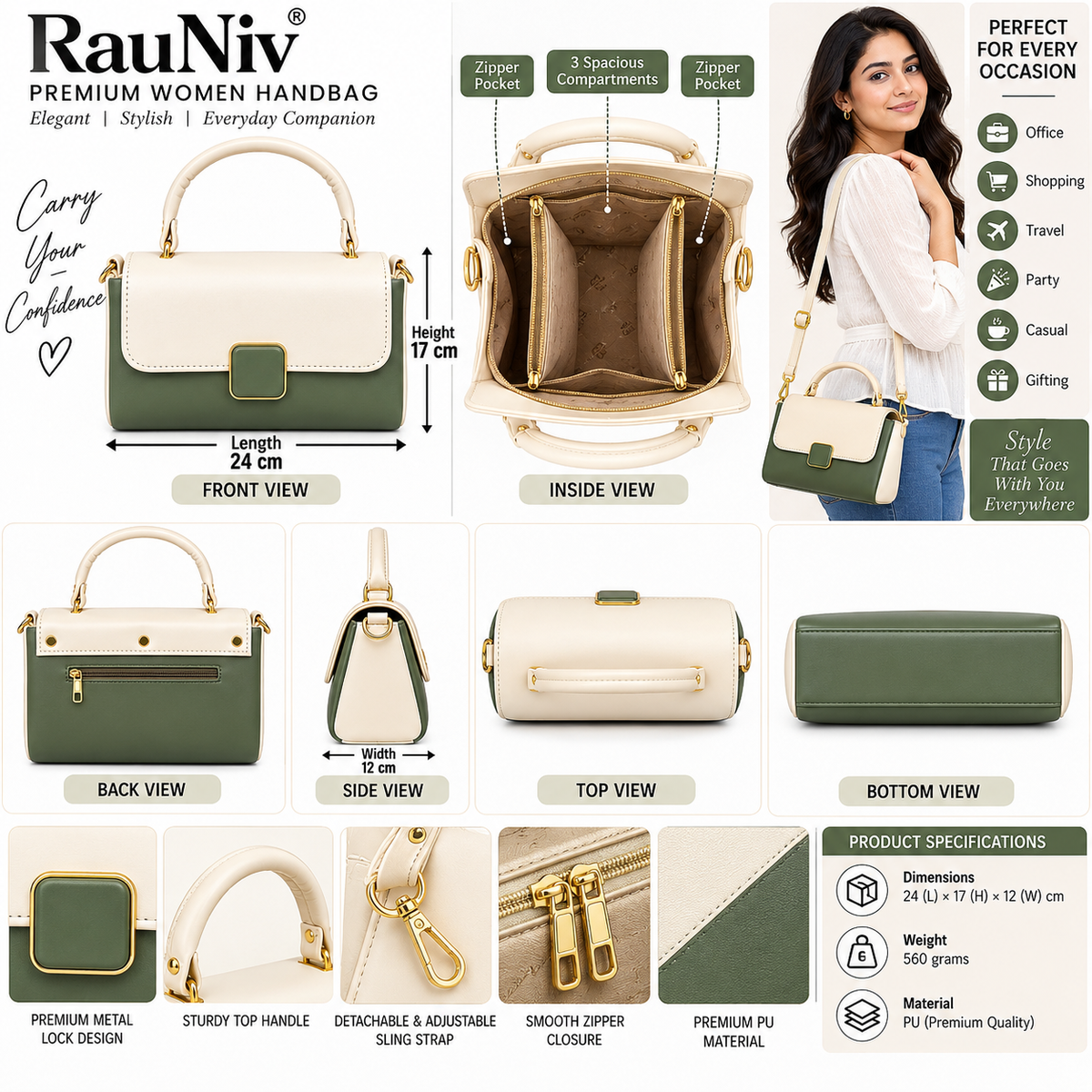 RAUNIV Women's Premium PU Leather Sling Bag with Detachable Adjustable Strap