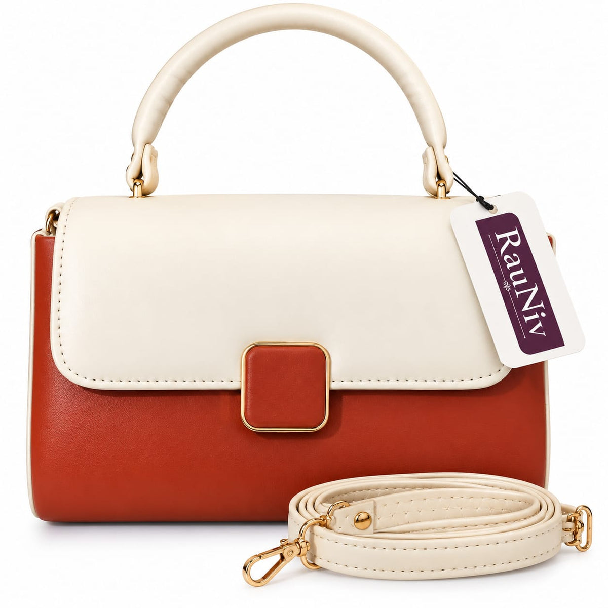 RAUNIV Women's Stylish PU Sling Bag with Adjustable Shoulder Strap, Tan & Cream
