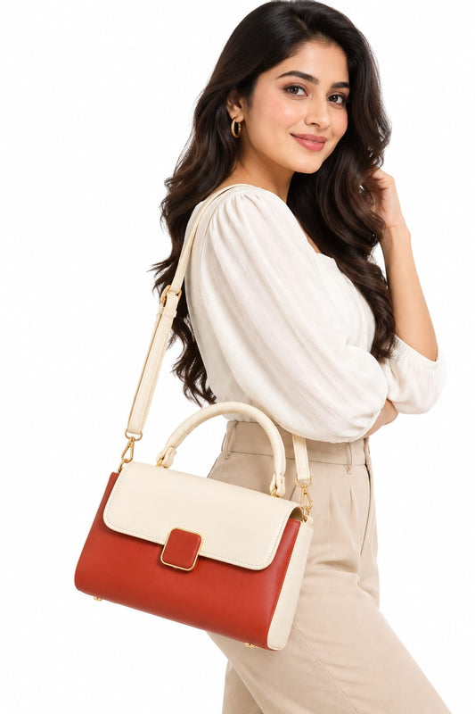 RAUNIV Women's Stylish PU Sling Bag with Adjustable Shoulder Strap, Tan & Cream