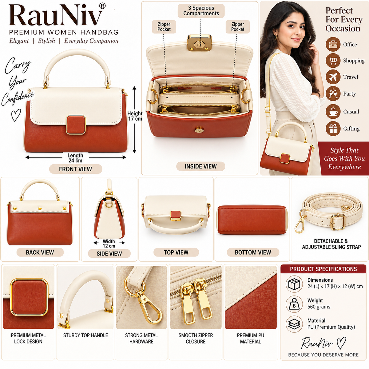 RAUNIV Women's Stylish PU Sling Bag with Adjustable Shoulder Strap, Tan & Cream