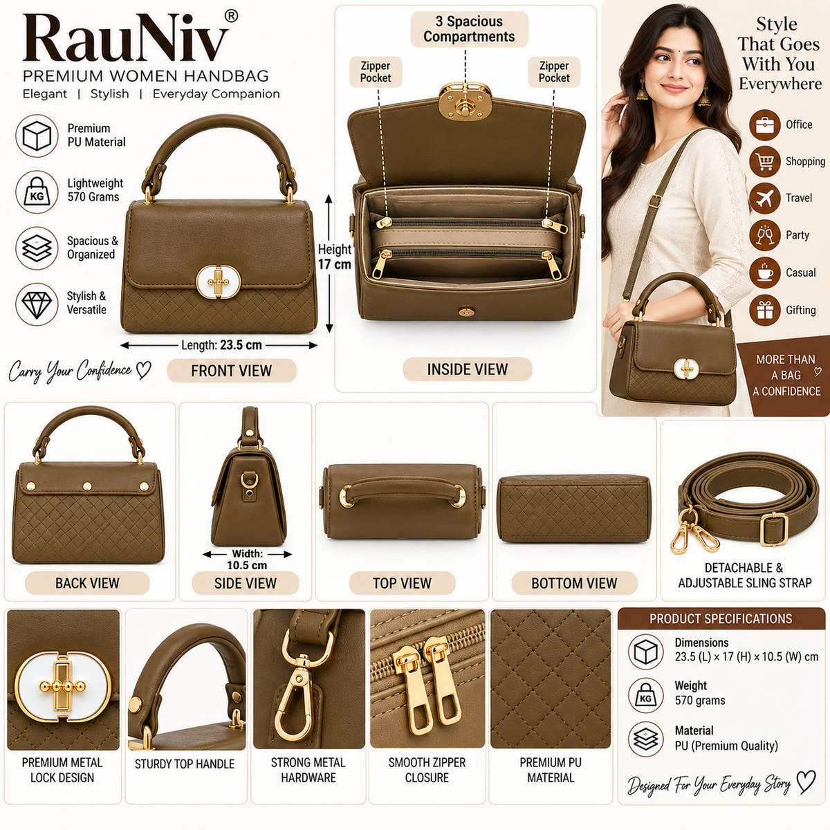 RAUNIV Women's Brown PU Leather Quilted Handbag with Adjustable Sling Strap